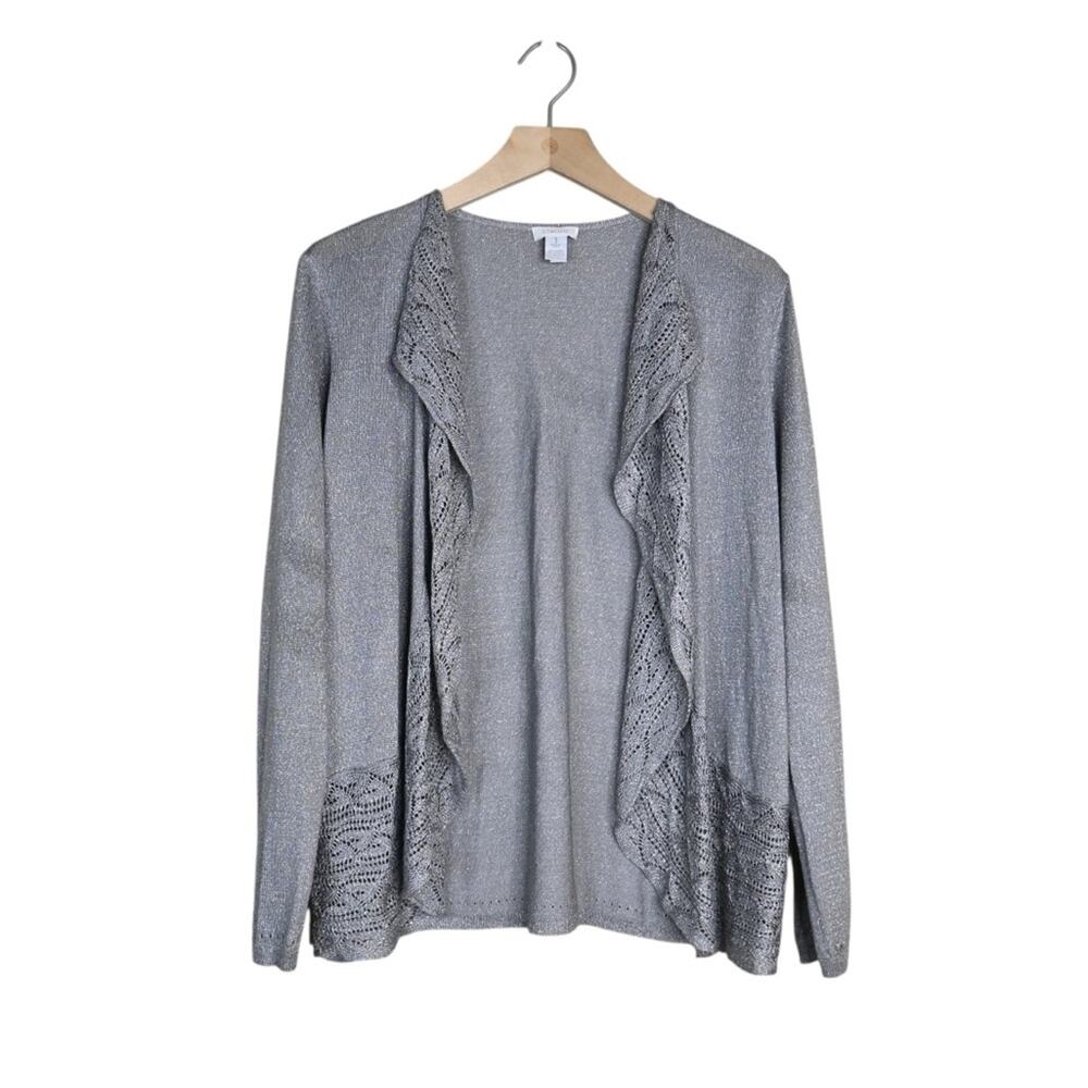 Chico's Women's M Chico's Size 1 Silver with Metallic Thread Open Front Cardigan